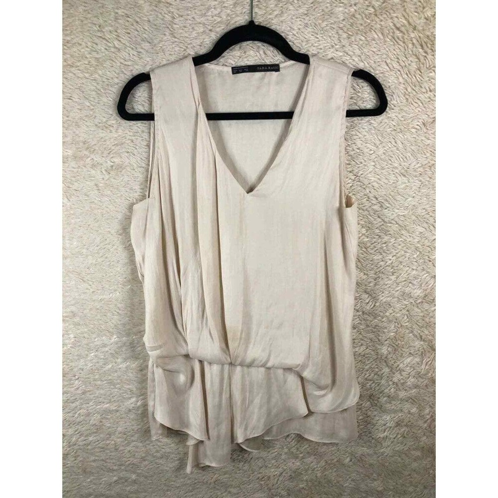 Zara Basic Womens XS Tank Top Ivory Twisted Front V Neck Pullover Blouse Career